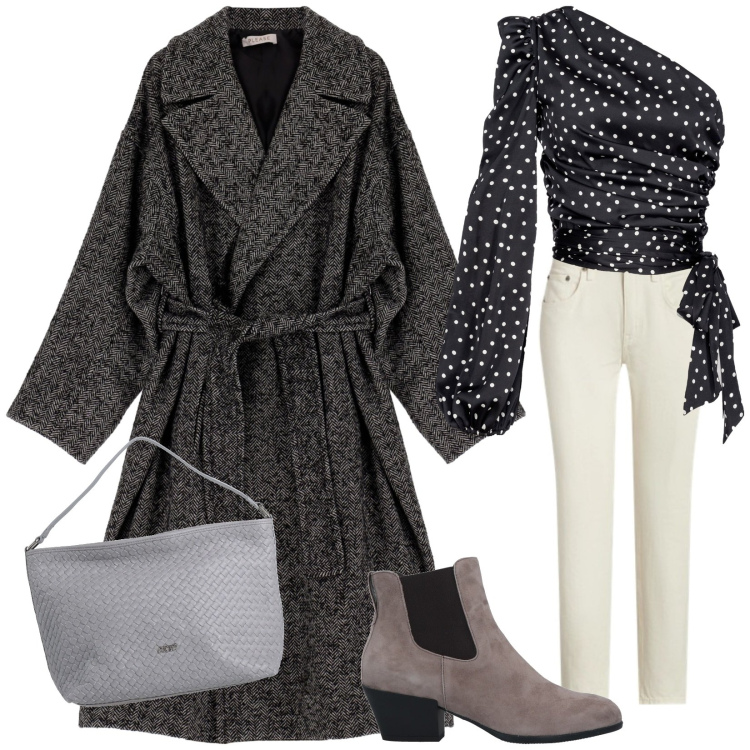 Outfit donna - Febbraio look. Stile Casual chic per Tutti i giorni. Abbinamento con stivaletti chelsea, borse a mano, bluse, cappotti, jeans.