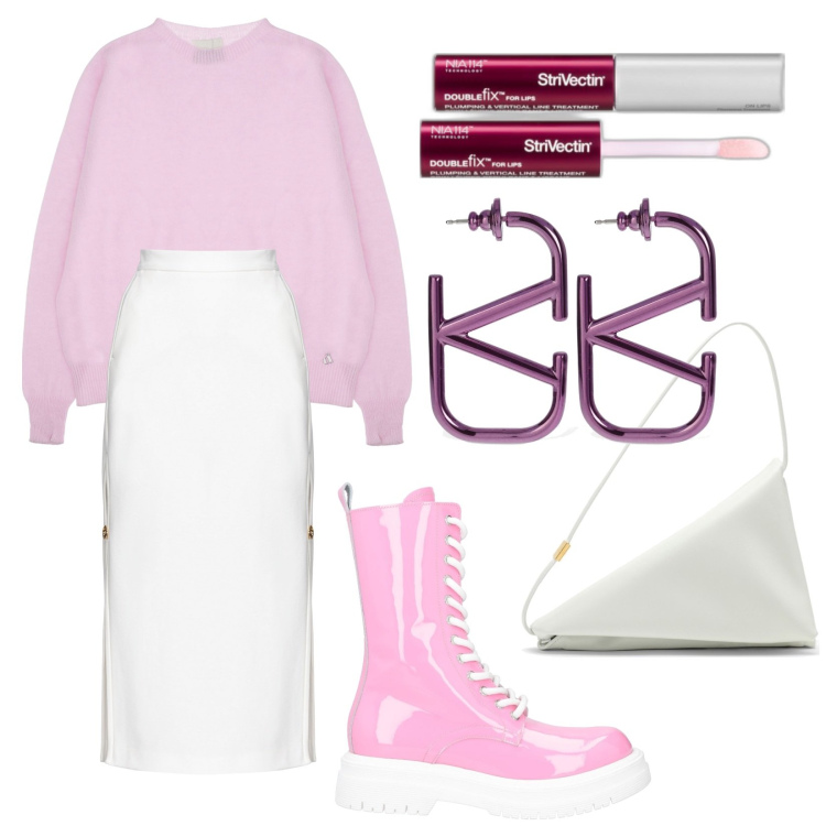 Outfit donna - Pink!. Stile Trendy per Tutti i giorni. Abbinamento con stivaletti, matite labbra, gonne lunghe, pullovers, orecchini, borse a spalla.