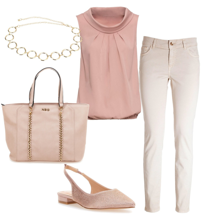 Outfit donna - Passeggio in centro. Stile Casual chic per Tutti i giorni. Abbinamento con top, jeans skinny, cinture, ballerine, borse a spalla.