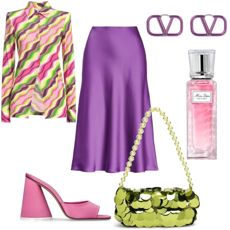 Outfit donna - Total look #1809672. Stile Glamour per Cerimonia. Abbinamento con camicie, profumi, gonne, orecchini, sandali in pelle, borse a mano.