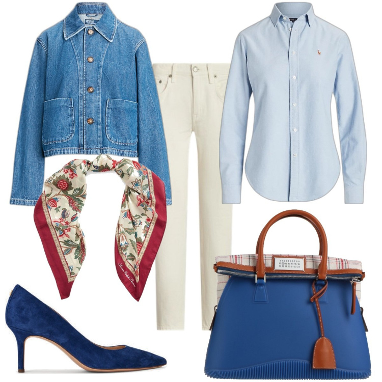 Outfit donna - Total look #1809677. Stile Casual chic per Ufficio. Abbinamento con borse a mano, camicie, décolleté, cappotti, foulard, jeans.