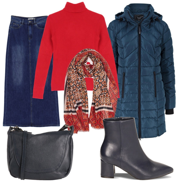 Outfit donna - Rossoblu. Stile Casual per Serata fuori. Abbinamento con cappotti, borse a tracolla, gonne lunghe, stivaletti, maglieria, sciarpe.