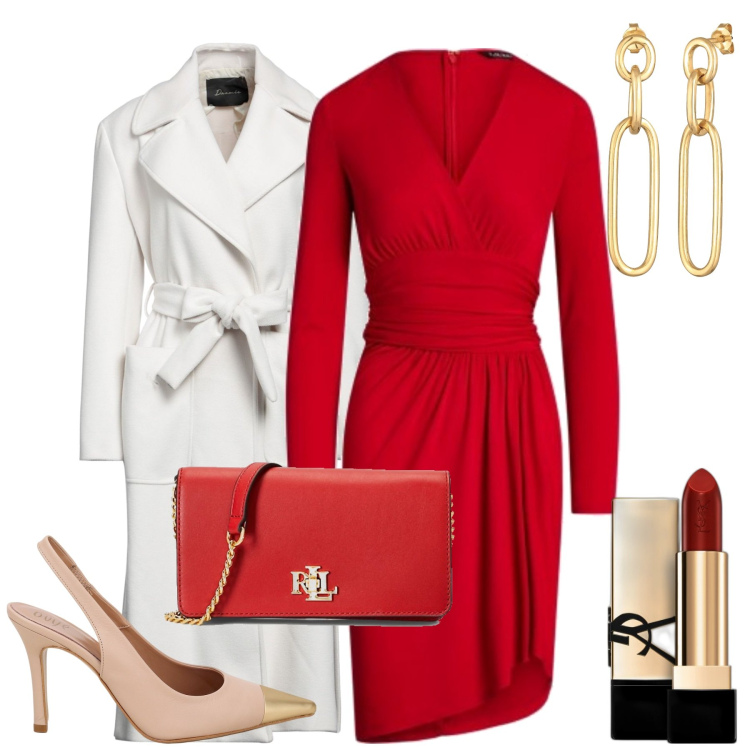 Outfit donna - Valentine day. Stile Chic per Serata fuori. Abbinamento con rossetti, cappotti, orecchini, vestiti asimmetrici, borse a mano, décolleté.