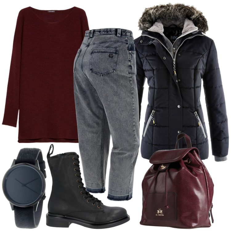 Outfit donna - Rosso Dahlia. Stile Casual per Tutti i giorni. Abbinamento con piumini, zaini, orologi, stivaletti, jeans dritti, maglieria.