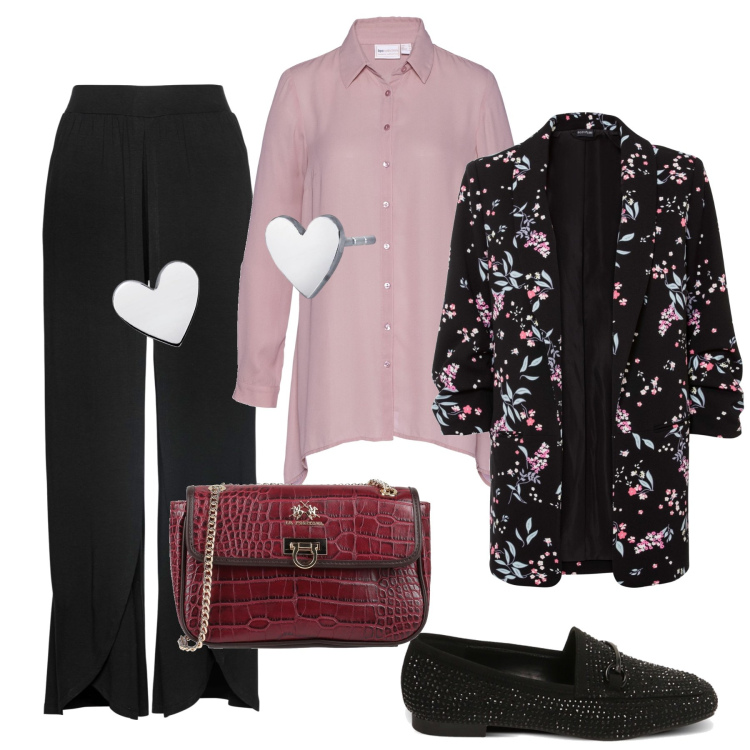 Outfit donna - Curvy style fashion. Stile Casual chic per Serata fuori. Abbinamento con blazer, camicie, pantaloni, borse a tracolla, orecchini, mocassini.