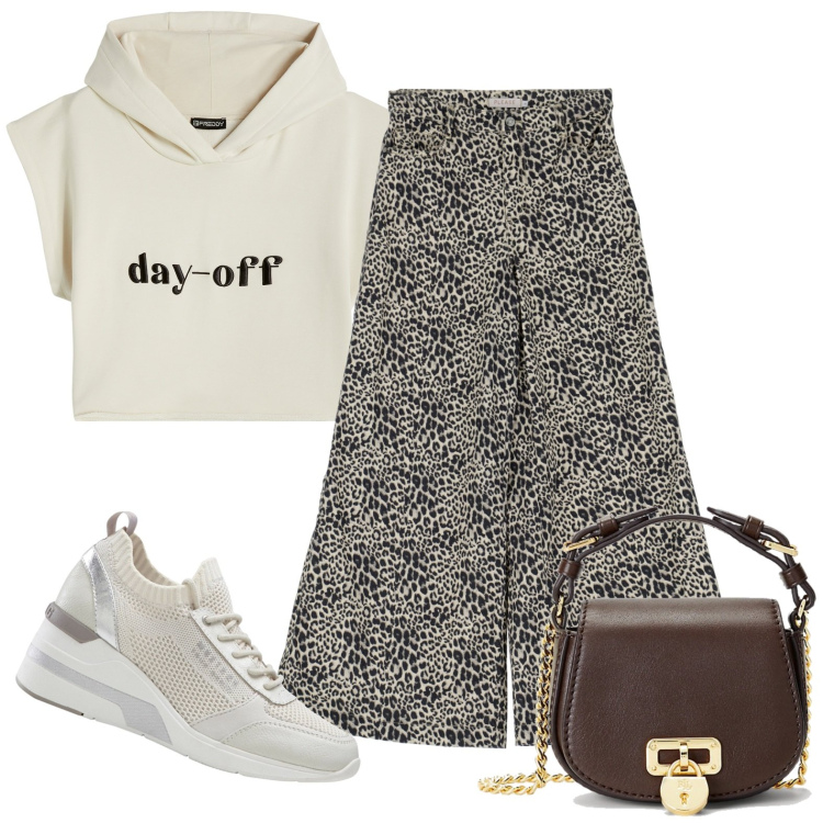 Outfit donna - Total look #1809724. Stile Casual per Serata fuori. Abbinamento con sneakers, pantaloni a palazzo, felpe con cappuccio, borse a tracolla.
