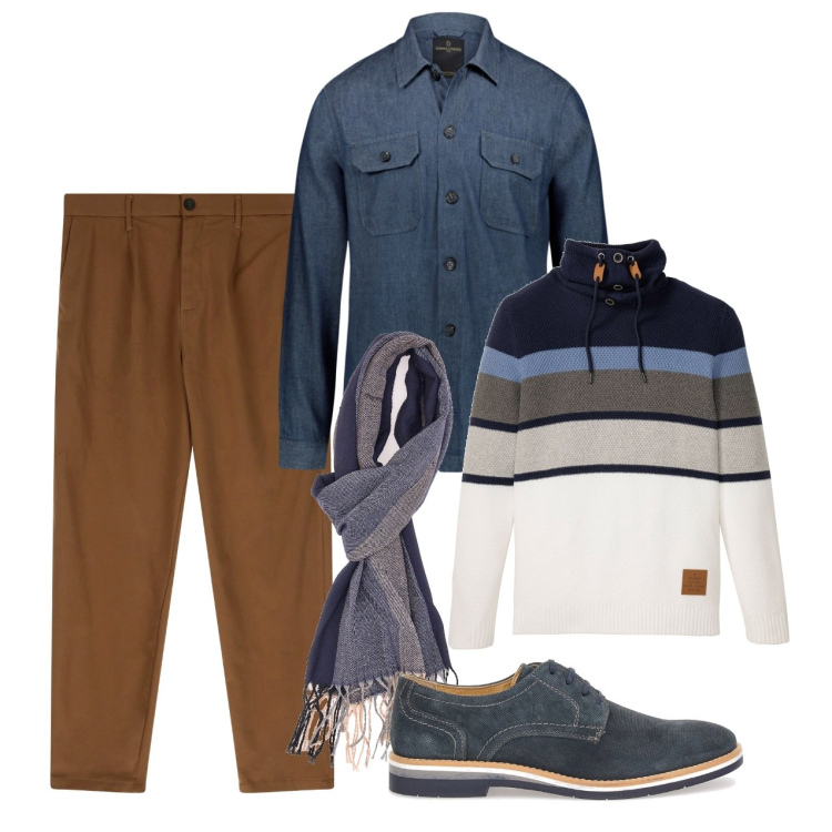 Outfit uomo - In città di pomeriggio. Stile Casual per Tutti i giorni. Abbinamento con maglieria, pantaloni, scarpe stringate, camicie, sciarpe.