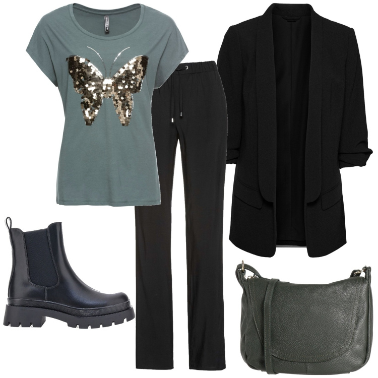 Outfit donna - Ufficio. Stile Casual per Ufficio. Abbinamento con pantaloni, blazer, bluse, borse a tracolla, stivaletti.