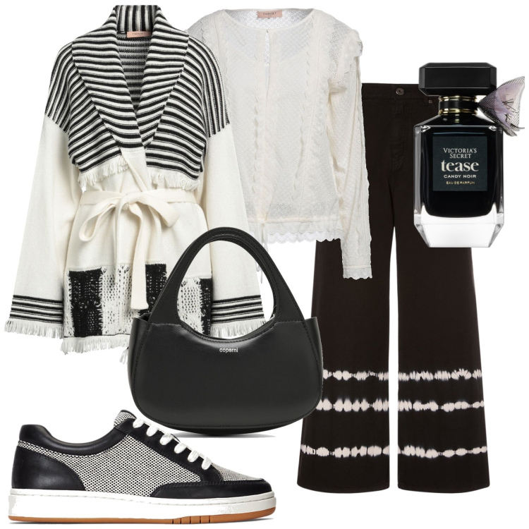 Outfit donna - Papavero nero. Stile Glamour per Ufficio. Abbinamento con cardigans, top, profumi, sneakers, jeans, borse a spalla.