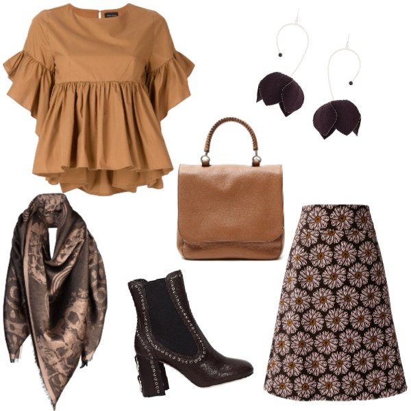 Outfit donna - Flower in brown. Stile Trendy per Serata fuori. Abbinamento con foulard fantasia in flanella, stivaletti, blusa marrone, gonna forma svasata fantasia floreale multicolore, orecchini forma asimmetrica taglia unica marrone, borsa a tracolla con manico forma intrecciata.