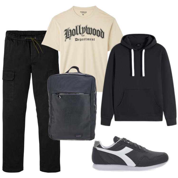 Outfit uomo - Comodo pantalone cargo. Stile Urban per Tutti i giorni. Abbinamento con felpe con cappuccio, pantaloni cargo, t-shirt, sneakers, borse sportive.