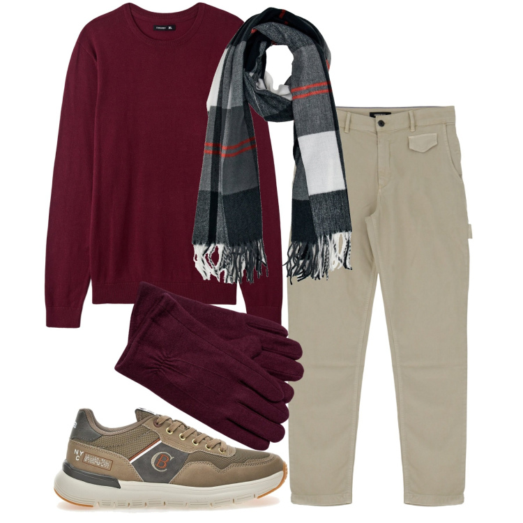 Outfit uomo - Inverno. Stile Casual per Tutti i giorni. Abbinamento con maglieria, pantaloni, guanti, sneakers, sciarpe.