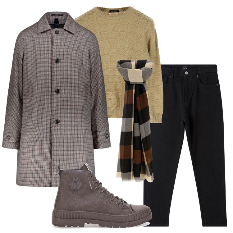 Outfit uomo - Inverno. Stile Casual per Tutti i giorni. Abbinamento con pantaloni, pullovers, sciarpe e foulard, scarpe sportive, cappotti.