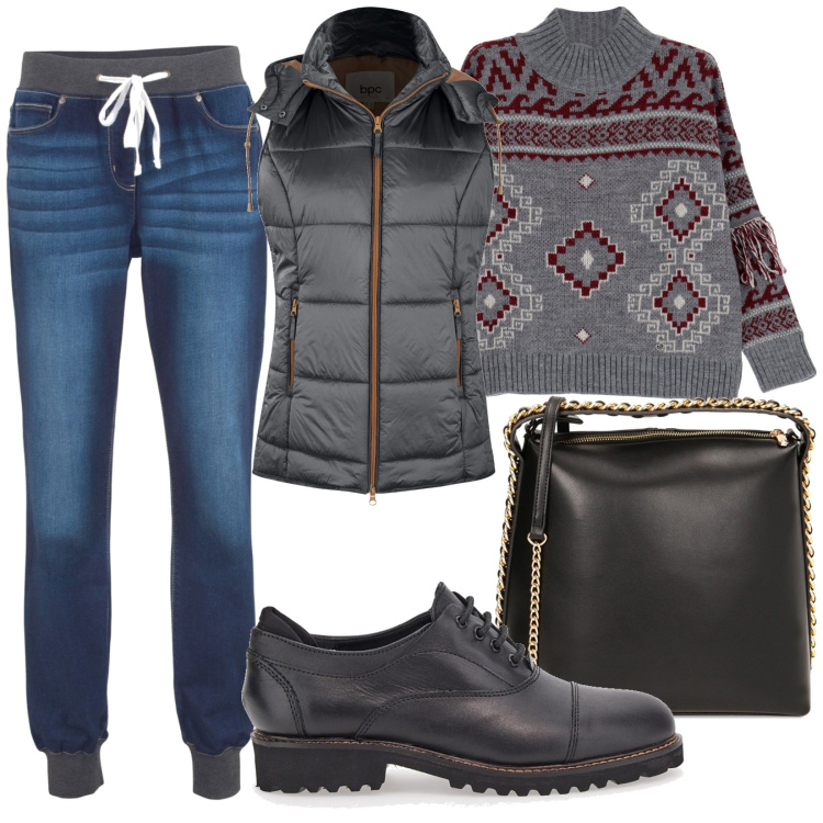 Outfit donna - Total look #1809788. Stile Casual per Tutti i giorni. Abbinamento con gilet, jeans boyfriend, maglieria, borse a mano, scarpe stringate.