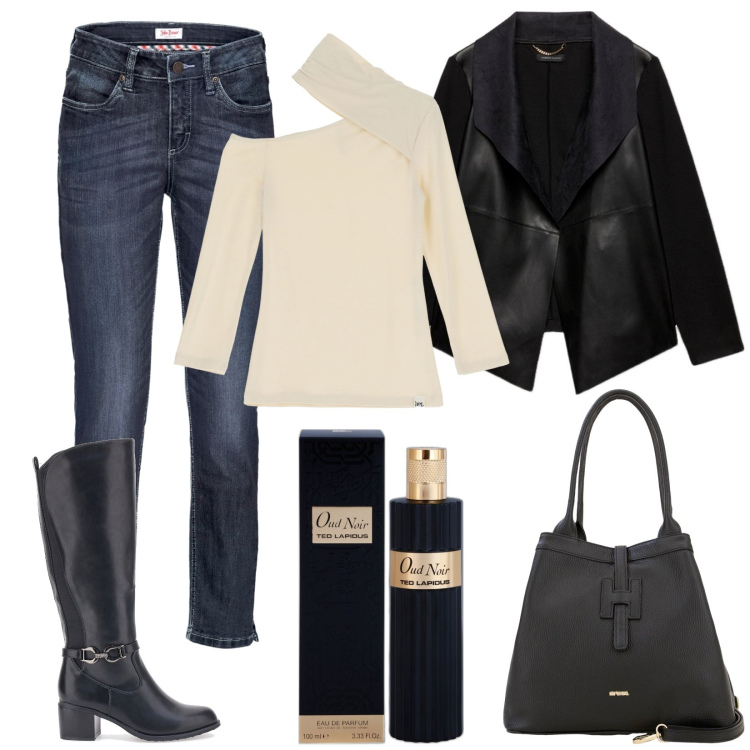 Outfit donna - Casual chic in pizzeria. Stile Casual chic per Serata fuori. Abbinamento con jeans, profumi, maglieria, borse a secchiello, blazer, stivali.