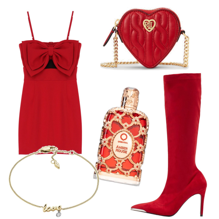 Outfit donna - Red passion. Stile Glamour per Serata fuori. Abbinamento con stivali, braccialetti, profumi, vestiti corti, pochette.