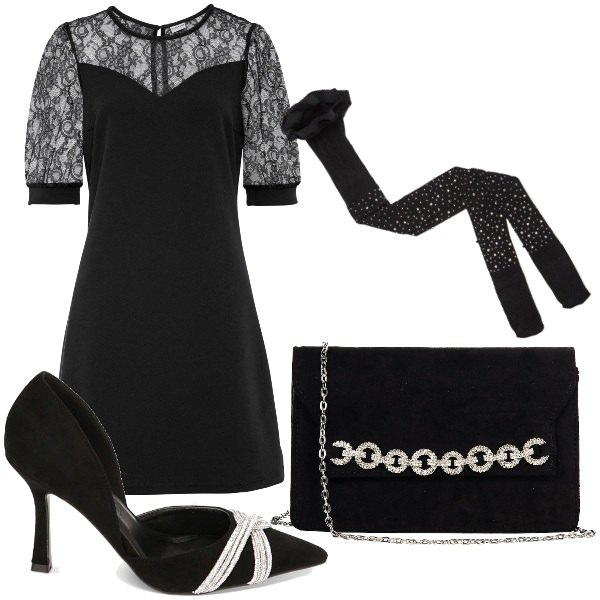 Outfit donna - Be My Valentine. Stile Chic per Serata fuori. Abbinamento con vestiti corti, collant, pochette, décolleté.