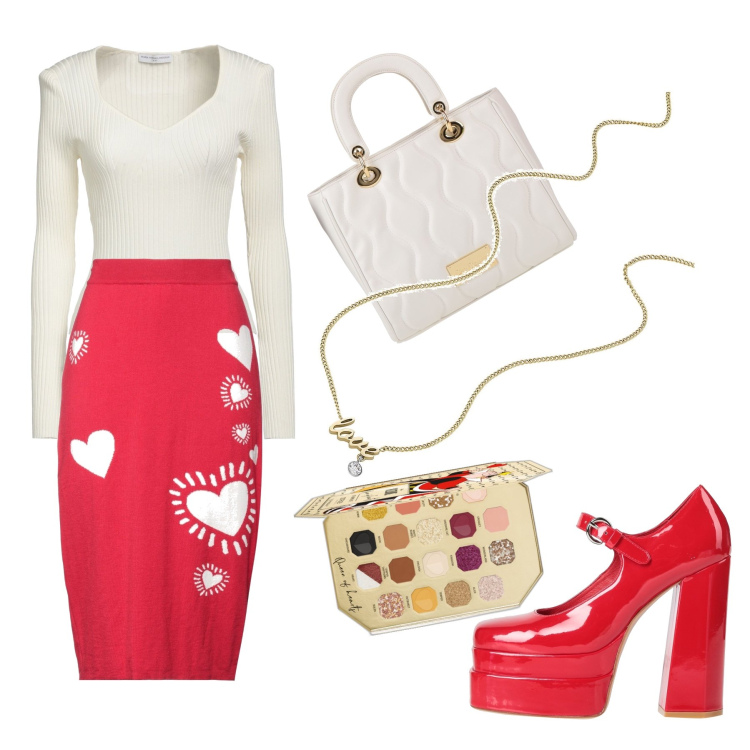 Outfit donna - Regina di cuori. Stile Glamour per Tutti i giorni. Abbinamento con collane, gonne longuette, borse a mano, décolleté, pullovers, ombretti.