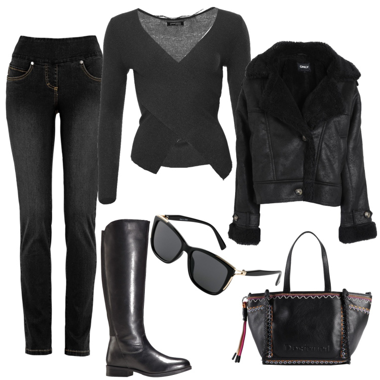 Outfit donna - Nero da capo a piedi. Stile Trendy per Tutti i giorni. Abbinamento con jeans, stivali, occhiali da sole, borse a mano, blazer, maglieria.