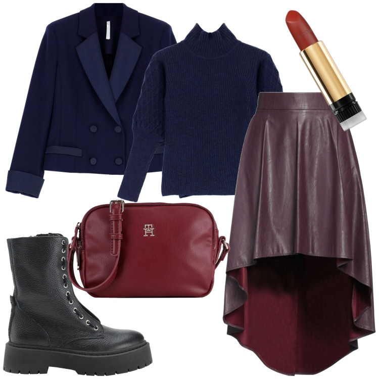 Outfit donna - Total look #1809844. Stile Urban per Tutti i giorni. Abbinamento con minigonne, anfibi, borse a tracolla, rossetti, giacche, maglieria.