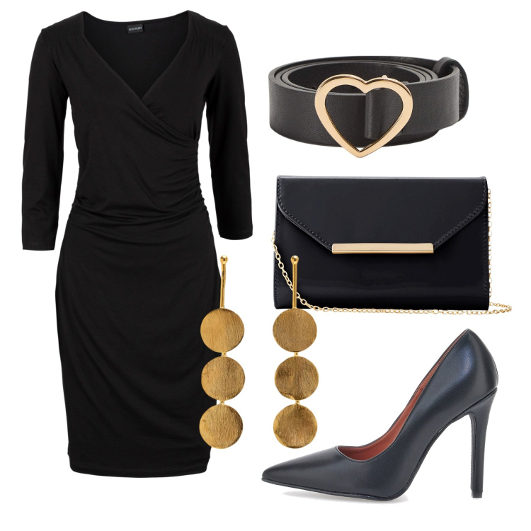 Outfit donna - Black. Stile Chic per Serata fuori. Abbinamento con orecchini, cinture, vestiti a tubino, décolleté, pochette.