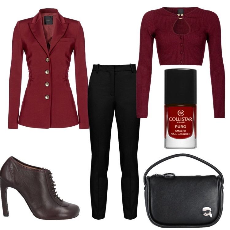 Outfit donna - Rosso. Stile Chic per Tutti i giorni. Abbinamento con scarpe stringate, borse a mano, smalti, blazer, cardigans, pantaloni.