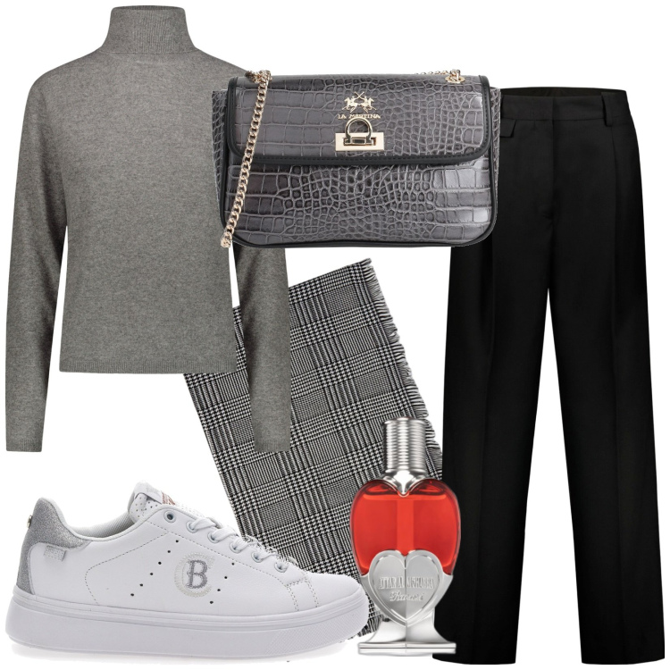 Outfit donna - Total look #1809904. Stile Casual per Tutti i giorni. Abbinamento con borse a tracolla, profumi, pantaloni, sneakers, maglieria, sciarpe.