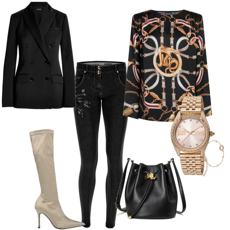 Outfit donna - Jeans con gli stivali. Stile Trendy per Tutti i giorni. Abbinamento con top, orologi, stivali sopra il ginocchio, jeans skinny, borse a secchiello, blazer.