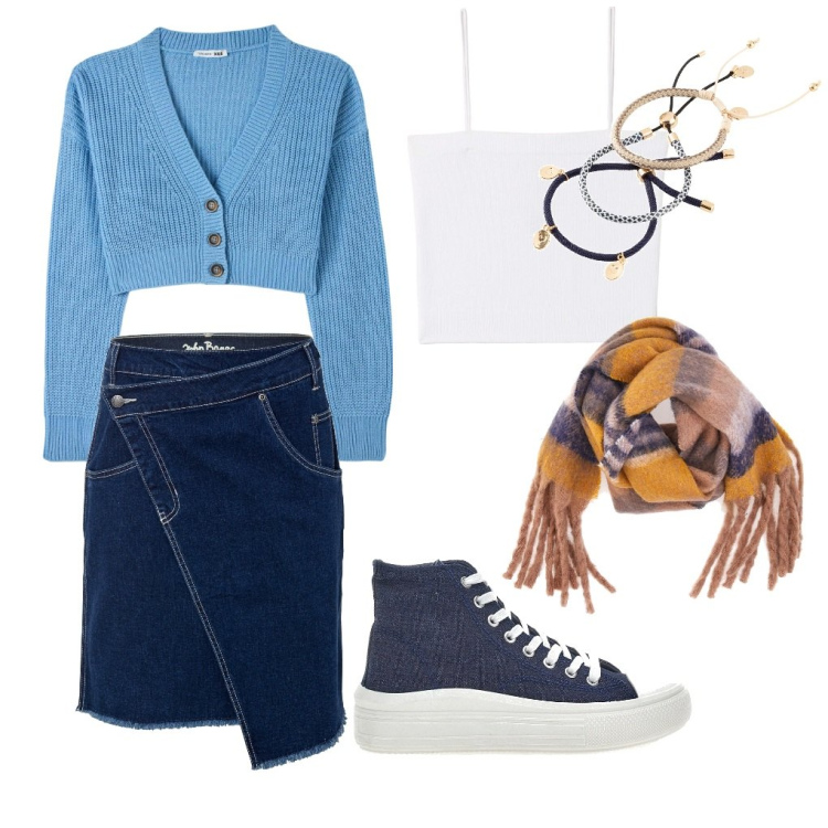 Outfit donna - Clara: gonna in denim.. Stile Urban per Tutti i giorni. Abbinamento con gonne, braccialetti, canottiere, cardigans, sneakers alte, sciarpe.