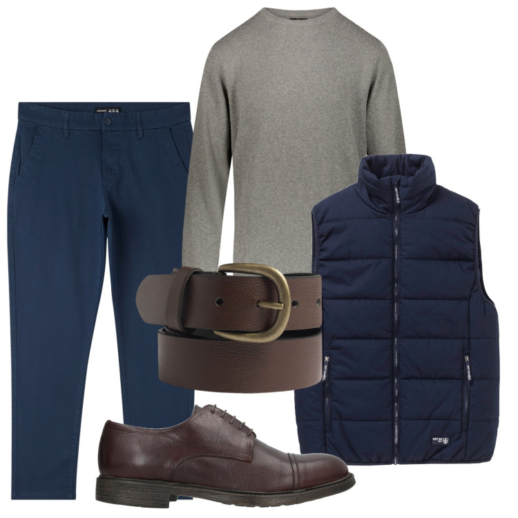 Outfit uomo - Inverno pull fango. Stile Casual per Tutti i giorni. Abbinamento con piumini, scarpe stringate, pantaloni skinny, maglieria, cinture.