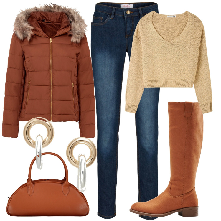 Outfit donna - Semplice e comoda. Stile Casual chic per Tutti i giorni. Abbinamento con stivali, giacche, jeans skinny, maglieria, orecchini, borse a spalla.
