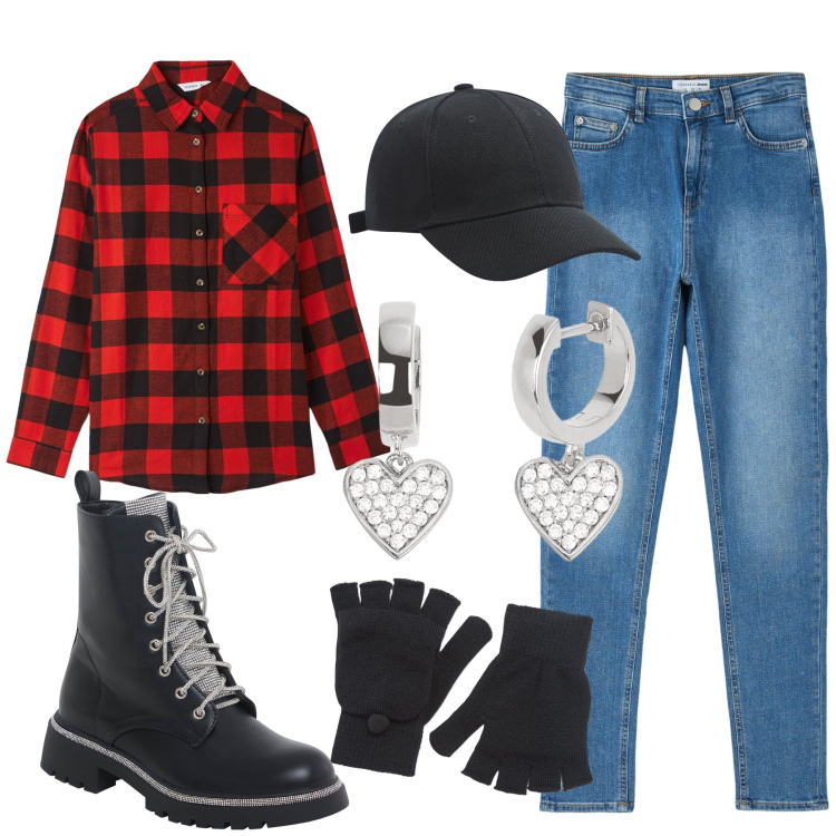 Outfit donna - Total look #1809972. Stile Urban per Tutti i giorni. Abbinamento con cappelli, jeans skinny, camicie, guanti, anfibi, orecchini.