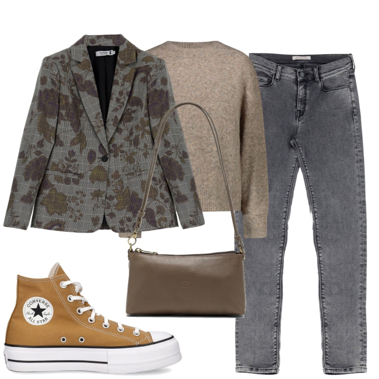 Outfit donna - City. Stile Casual chic per Tutti i giorni. Abbinamento con blazer, jeans slim fit, maglieria, sneakers, borse a spalla.