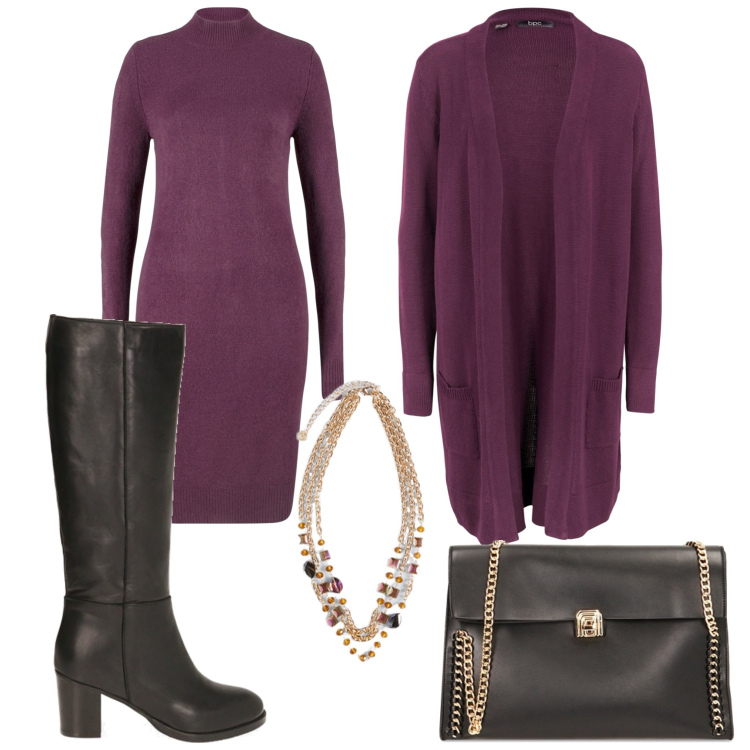 Outfit donna - Total look #1810032. Stile Romantica per Serata fuori. Abbinamento con cardigans, vestiti, borse a spalla, stivali, collane.