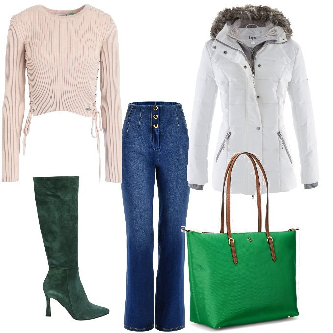 Outfit donna - Febbraio. Stile Casual per Tutti i giorni. Abbinamento con piumini, pullovers, stivali, jeans, borse tote.