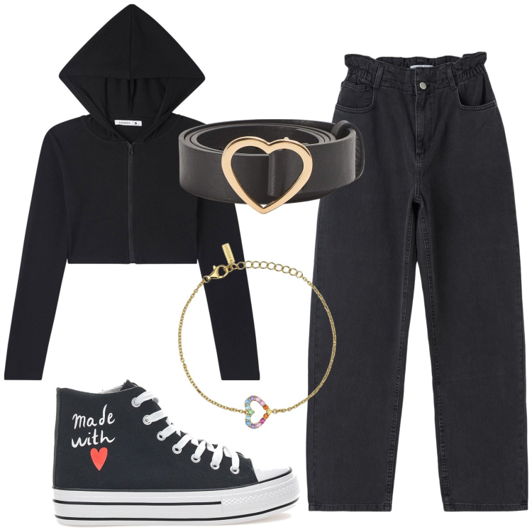 Outfit donna - Cuore. Stile Urban per Scuola/Università. Abbinamento con cardigans, jeans, cinture, braccialetti, sneakers.
