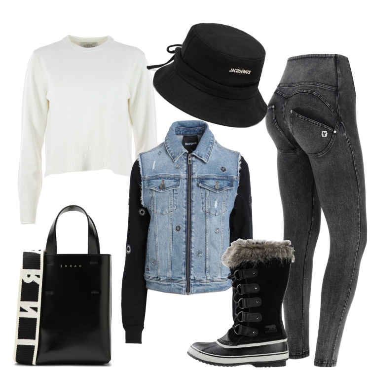 Outfit donna - Total look #1810086. Stile Casual chic per Tutti i giorni. Abbinamento con jeans, stivali sopra il ginocchio, jeans skinny, maglieria, borse tote, cappelli.
