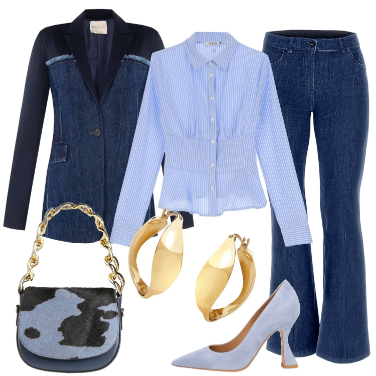 Outfit donna - Da blu scuro a blu chiaro. Stile Casual chic per Tutti i giorni. Abbinamento con décolleté, borse a mano, orecchini, camicie, cappotti, jeans skinny.