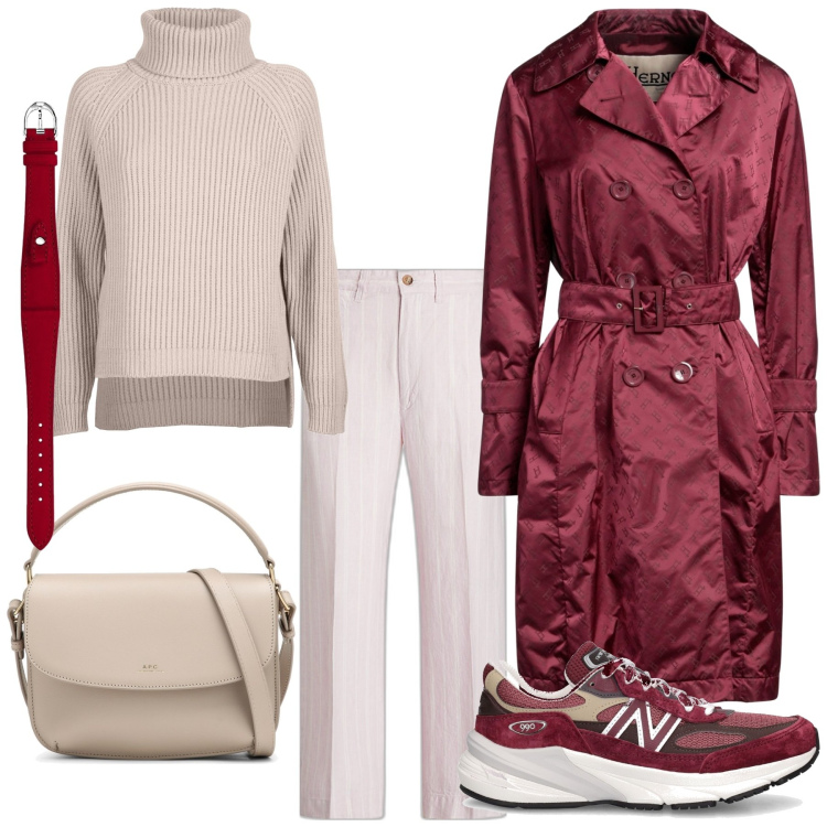 Outfit donna - Amarena. Stile Casual per Tutti i giorni. Abbinamento con cappotti, orologi, pantaloni, maglieria, sneakers alte, borse a tracolla.