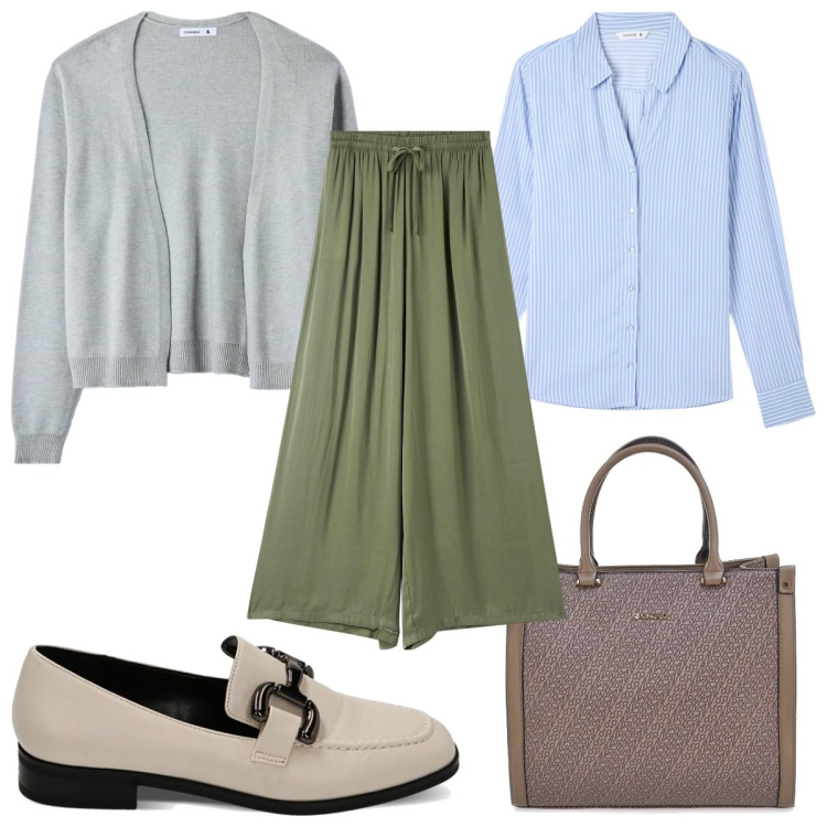 Outfit donna - Total look #1810116. Stile Trendy per Tutti i giorni. Abbinamento con camicie, cardigans, pantaloni a palazzo, mocassini, borse a mano.