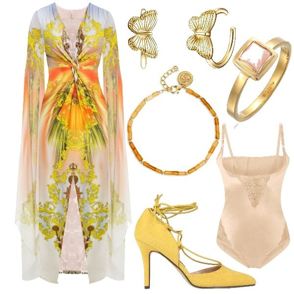 Outfit donna - Festa di primavera. Stile Romantica per Cerimonia. Abbinamento con body, vestiti lunghi, décolleté, anelli, braccialetti, orecchini.
