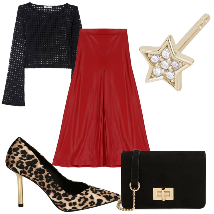 Outfit donna - Total look #1810136. Stile Glamour per Serata fuori. Abbinamento con maglieria, orecchini, pantaloni a palazzo, décolleté, borse a tracolla.