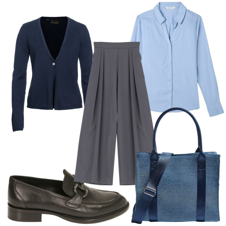 Outfit donna - Total look #1810138. Stile Trendy per Ufficio. Abbinamento con cardigans, camicie, shopping bag, pantaloni a palazzo, mocassini.