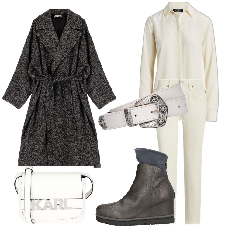 Outfit donna - Total look #1810163. Stile Casual chic per Tutti i giorni. Abbinamento con stivaletti, borse a tracolla, cappotti, camicie, jeans, cinture.