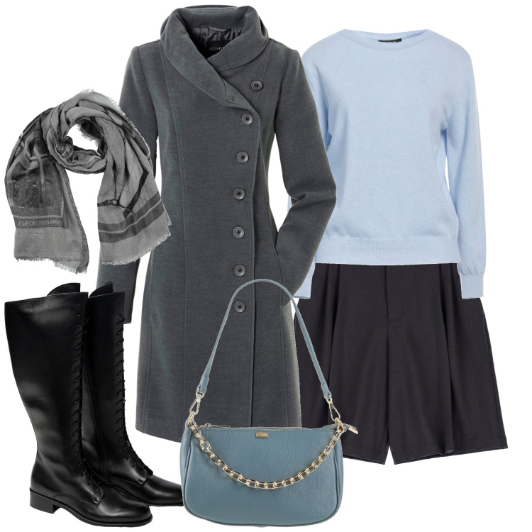 Outfit donna - Total look #1810188. Stile Trendy per Tutti i giorni. Abbinamento con cappotti, pullovers, borse a mano, sciarpe, shorts, stivali sopra il ginocchio.