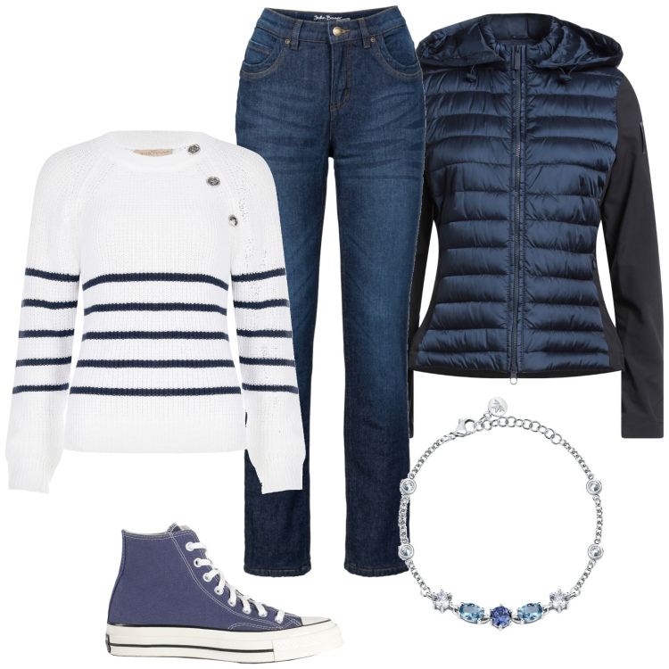 Outfit donna - Tempo libero. Stile Casual per Tutti i giorni. Abbinamento con jeans dritti, piumini, sneakers alte, braccialetti, maglieria.