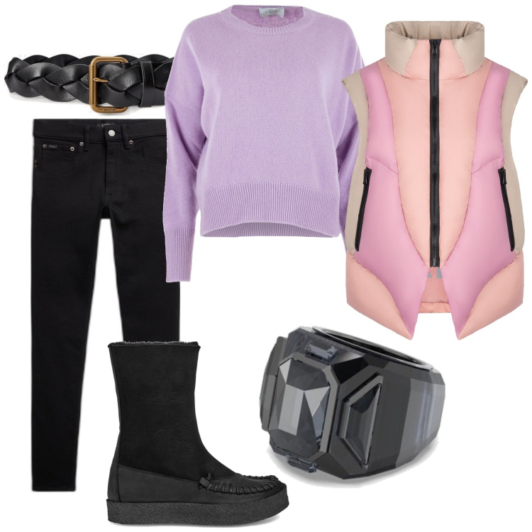 Outfit donna - Total look #1810193. Stile Casual per Tutti i giorni. Abbinamento con jeans slim fit, cinture, piumini, pullovers, anelli, stivali sopra il ginocchio.