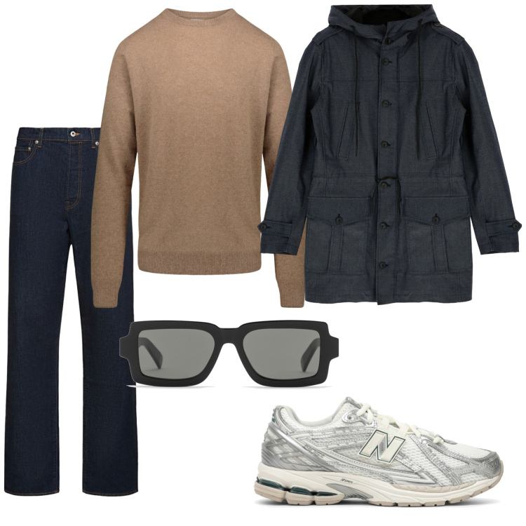 Outfit uomo - Total look #1810196. Stile Casual per Tutti i giorni. Abbinamento con cappotti, maglieria, occhiali da sole, jeans dritti, sneakers.