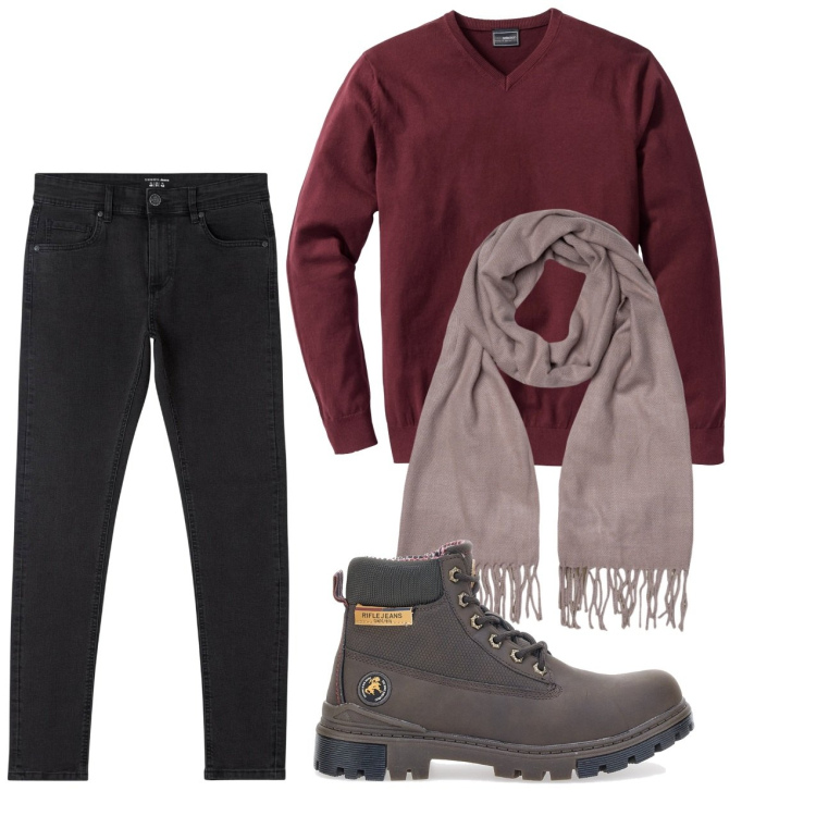 Outfit uomo - City. Stile Casual per Tutti i giorni. Abbinamento con maglieria, jeans skinny, stivali e stivaletti, sciarpe.