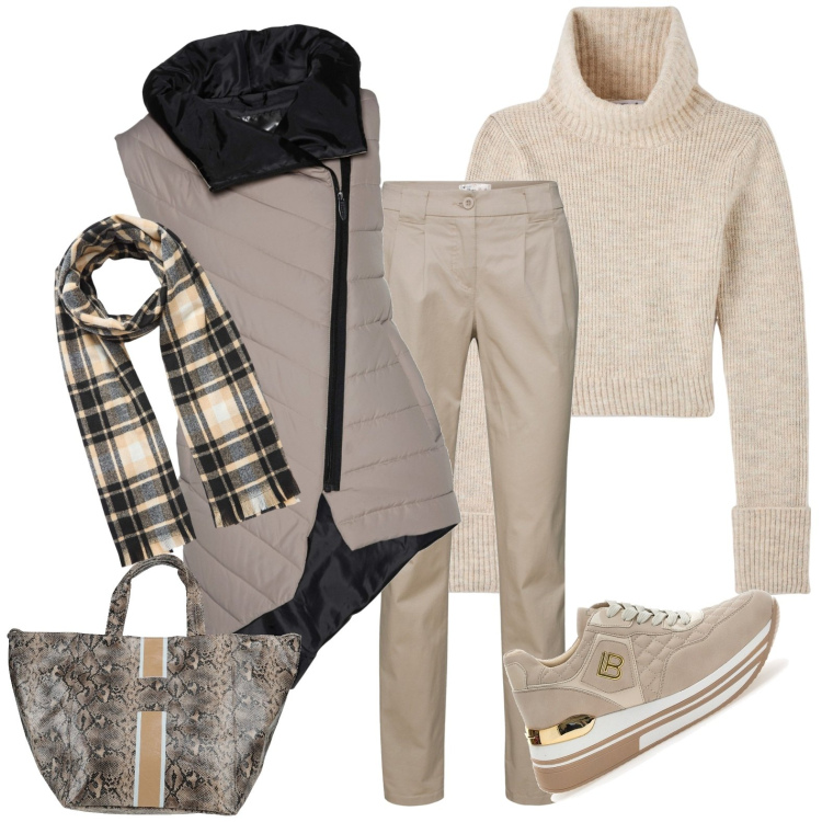 Outfit donna - In beige sporty. Stile Casual per Tutti i giorni. Abbinamento con pantaloni chino, gilet, borse a mano, maglieria, sciarpe, sneakers.